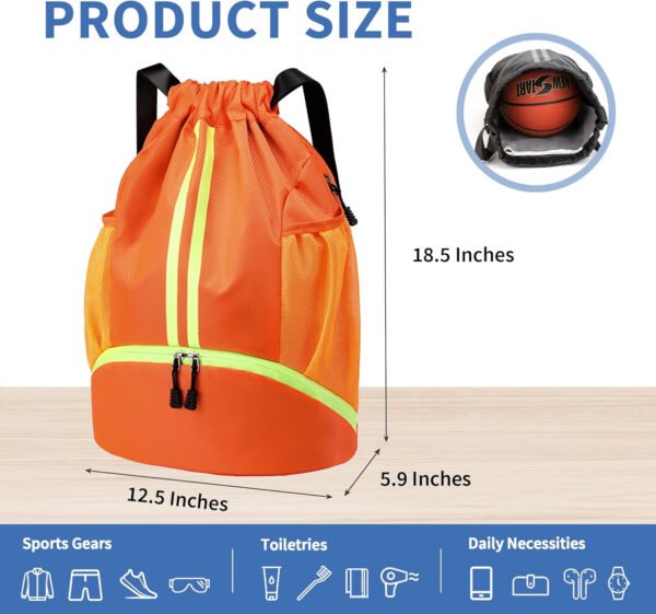 Mochila de gimnasio con cordón y compartimento para zapatos para fútbol, baloncesto, natación y playa, ideal para hombres y mujeres, Negro -, Grande, Moderno - Imagen 11