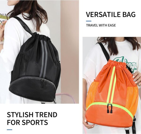 Mochila de gimnasio con cordón y compartimento para zapatos para fútbol, baloncesto, natación y playa, ideal para hombres y mujeres, Negro -, Grande, Moderno - Imagen 12