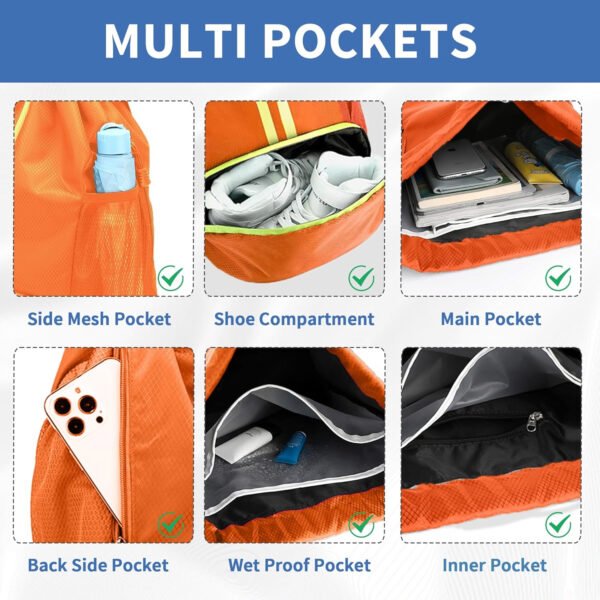 Mochila de gimnasio con cordón y compartimento para zapatos para fútbol, baloncesto, natación y playa, ideal para hombres y mujeres, Negro -, Grande, Moderno - Imagen 13