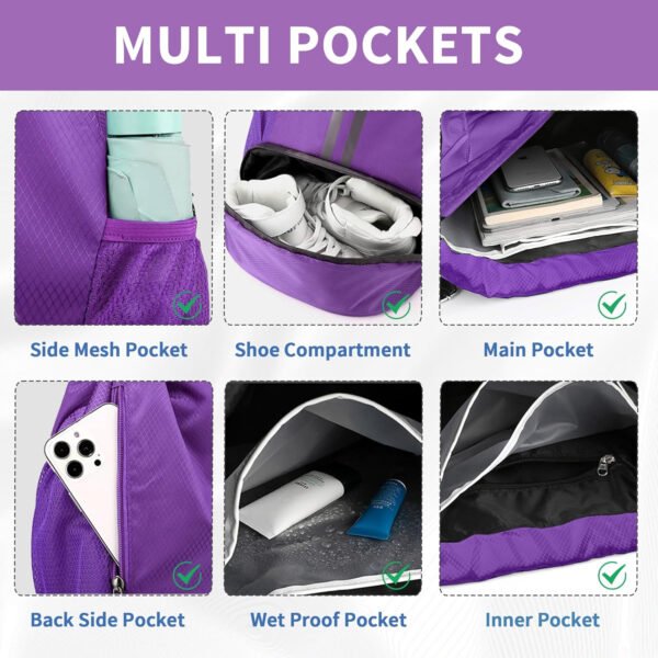Mochila de gimnasio con cordón y compartimento para zapatos para fútbol, baloncesto, natación y playa, ideal para hombres y mujeres, Negro -, Grande, Moderno - Imagen 19