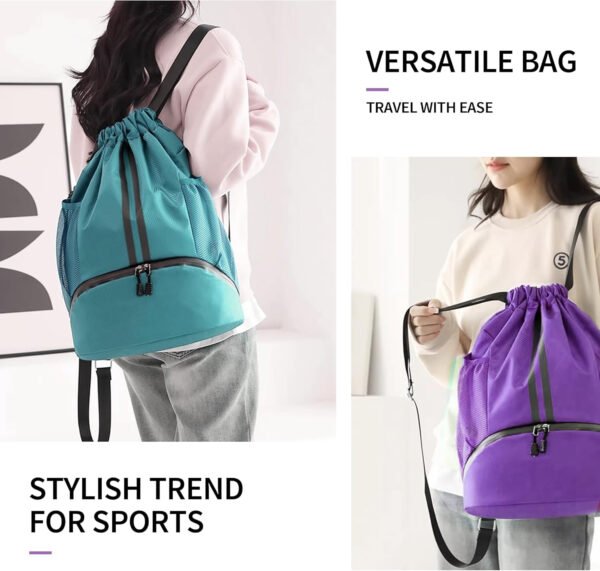 Mochila de gimnasio con cordón y compartimento para zapatos para fútbol, baloncesto, natación y playa, ideal para hombres y mujeres, Negro -, Grande, Moderno - Imagen 23