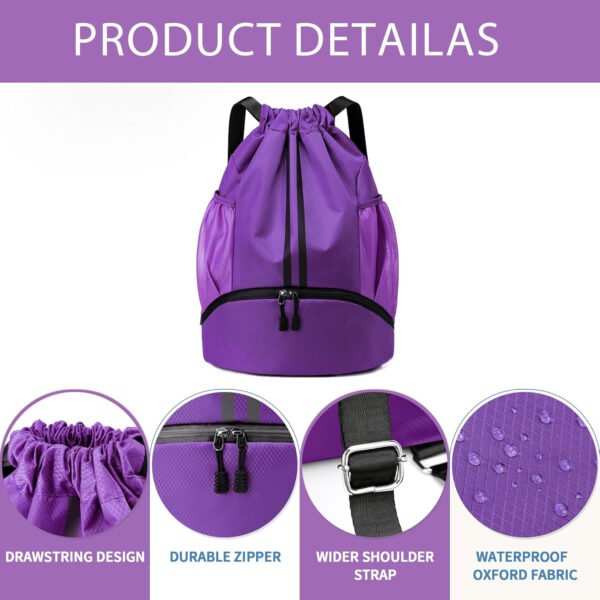 Mochila de gimnasio con cordón y compartimento para zapatos para fútbol, baloncesto, natación y playa, ideal para hombres y mujeres, Negro -, Grande, Moderno - Imagen 24