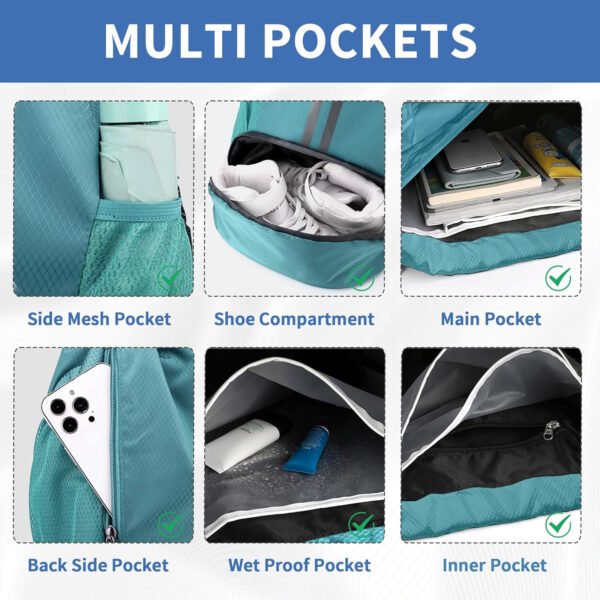 Mochila de gimnasio con cordón y compartimento para zapatos para fútbol, baloncesto, natación y playa, ideal para hombres y mujeres, Negro -, Grande, Moderno - Imagen 29