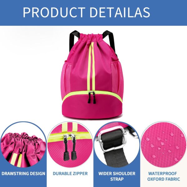 Mochila de gimnasio con cordón y compartimento para zapatos para fútbol, baloncesto, natación y playa, ideal para hombres y mujeres, Negro -, Grande, Moderno - Imagen 39