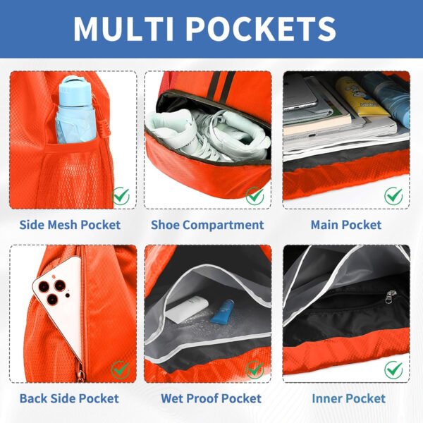 Mochila de gimnasio con cordón y compartimento para zapatos para fútbol, baloncesto, natación y playa, ideal para hombres y mujeres, Negro -, Grande, Moderno - Imagen 49