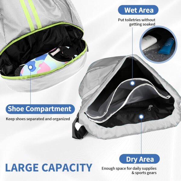 Mochila de gimnasio con cordón y compartimento para zapatos para fútbol, baloncesto, natación y playa, ideal para hombres y mujeres, Negro -, Grande, Moderno - Imagen 66