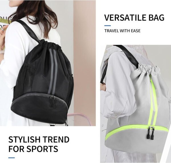 Mochila de gimnasio con cordón y compartimento para zapatos para fútbol, baloncesto, natación y playa, ideal para hombres y mujeres, Negro -, Grande, Moderno - Imagen 68
