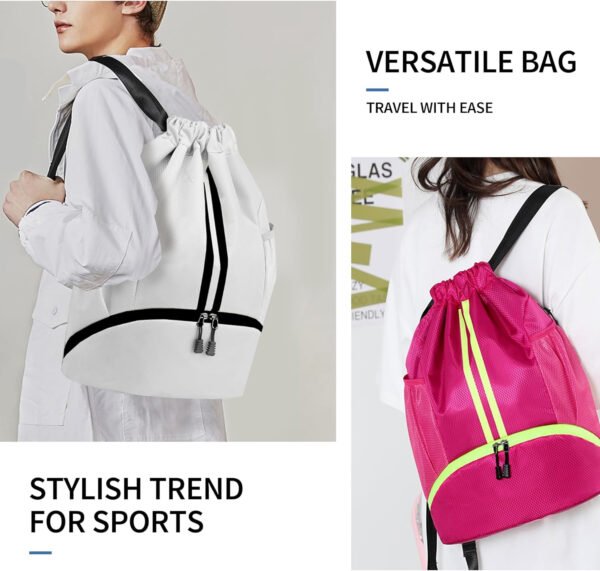 Mochila de gimnasio con cordón y compartimento para zapatos para fútbol, baloncesto, natación y playa, ideal para hombres y mujeres, Negro -, Grande, Moderno - Imagen 76