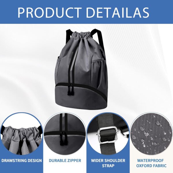 Mochila de gimnasio con cordón y compartimento para zapatos para fútbol, baloncesto, natación y playa, ideal para hombres y mujeres, Negro -, Grande, Moderno - Imagen 81