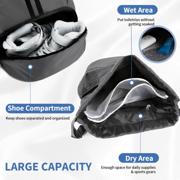 Mochila de gimnasio con cordón y compartimento para zapatos para fútbol, baloncesto, natación y playa, ideal para hombres y mujeres, Negro -, Grande, Moderno - Imagen 83