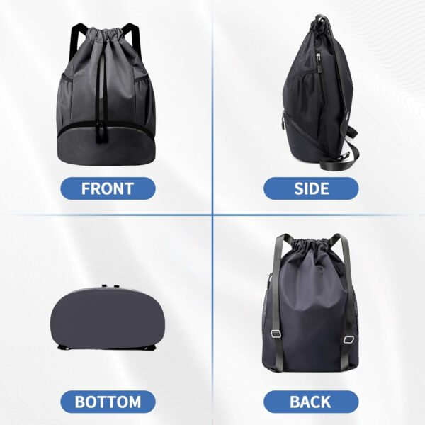 Mochila de gimnasio con cordón y compartimento para zapatos para fútbol, baloncesto, natación y playa, ideal para hombres y mujeres, Negro -, Grande, Moderno - Imagen 85