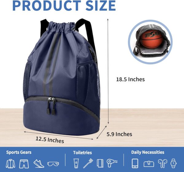 Mochila de gimnasio con cordón y compartimento para zapatos para fútbol, baloncesto, natación y playa, ideal para hombres y mujeres, Negro -, Grande, Moderno - Imagen 87