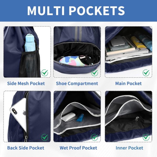 Mochila de gimnasio con cordón y compartimento para zapatos para fútbol, baloncesto, natación y playa, ideal para hombres y mujeres, Negro -, Grande, Moderno - Imagen 89