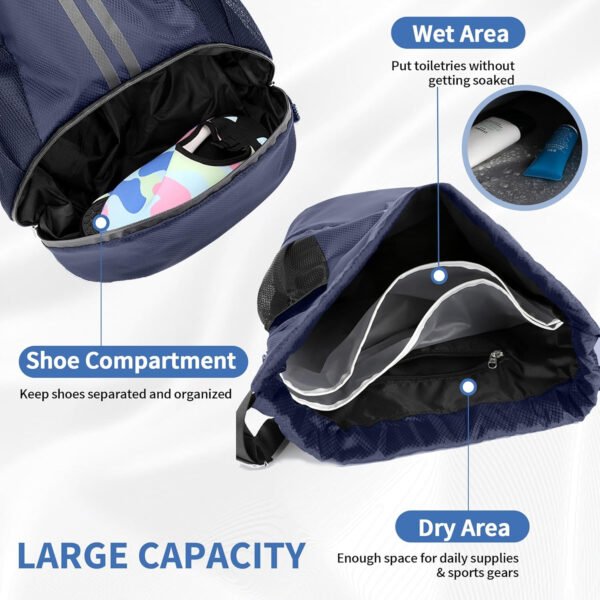 Mochila de gimnasio con cordón y compartimento para zapatos para fútbol, baloncesto, natación y playa, ideal para hombres y mujeres, Negro -, Grande, Moderno - Imagen 91