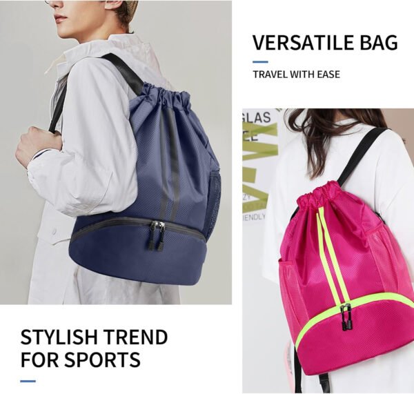 Mochila de gimnasio con cordón y compartimento para zapatos para fútbol, baloncesto, natación y playa, ideal para hombres y mujeres, Negro -, Grande, Moderno - Imagen 92