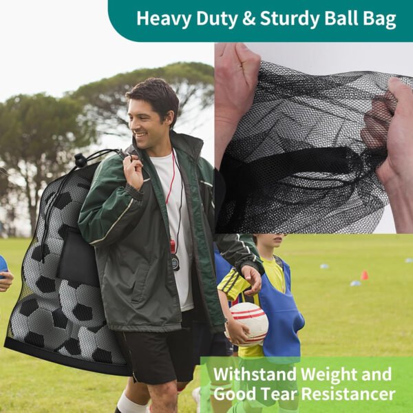 Bolsa de pelota de fútbol extragrande, bolsa de malla con cordón de 40 x 30 pulgadas con bolsillo, bolsa de red deportiva resistente para entrenadores, bolsa de almacenamiento para baloncesto, - Imagen 3