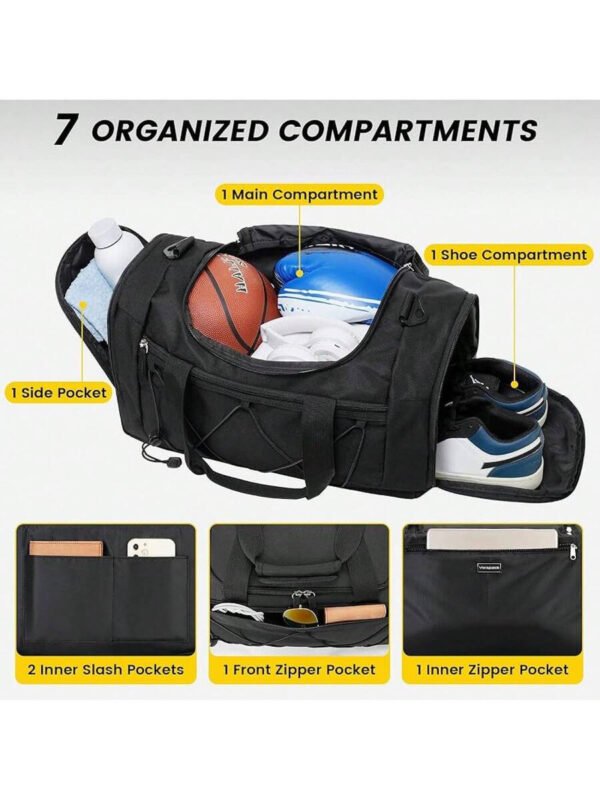 Bolsa de gimnasio Vorspack para hombres - Bolsa de deporte de 21 pulgadas para viajes, bolsa de lona ligera con compartimento para zapatos, bolsa de viaje personal, bolsa de fin de semana para viajes y deportes - Negro - Imagen 4