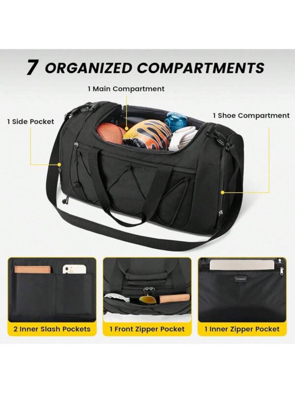 Bolsa de gimnasio Vorspack para hombres - Bolsa de deporte de 21 pulgadas para viajes, bolsa de lona ligera con compartimento para zapatos, bolsa de viaje personal, bolsa de fin de semana para viajes y deportes - Negro - Imagen 11