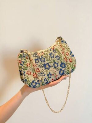 Bolso de hombro de correa de cadena de moda, bolso de muñeca con correa de cadena de metal para mujer para ocasiones casuales y de trabajo, patrón floral