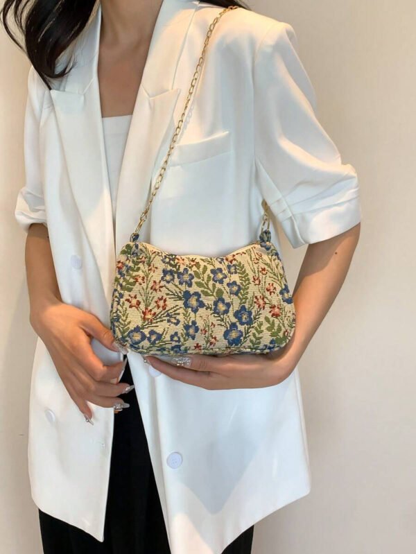 Bolso de hombro de correa de cadena de moda, bolso de muñeca con correa de cadena de metal para mujer para ocasiones casuales y de trabajo, patrón floral - Imagen 5