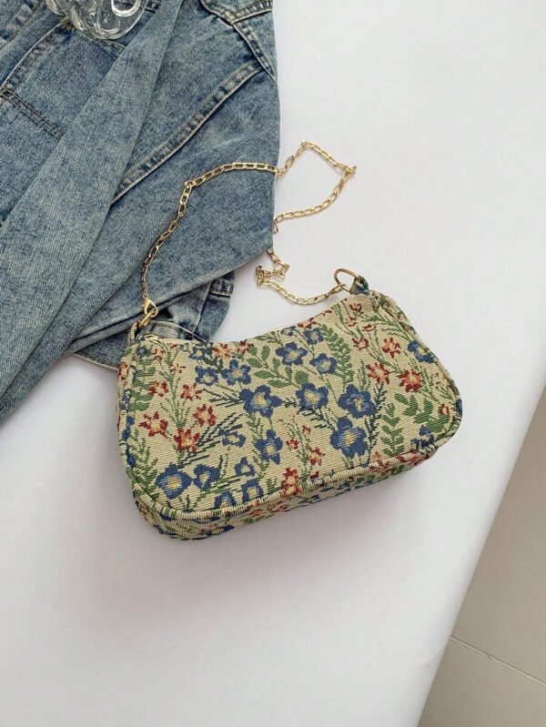 Bolso de hombro de correa de cadena de moda, bolso de muñeca con correa de cadena de metal para mujer para ocasiones casuales y de trabajo, patrón floral - Imagen 6