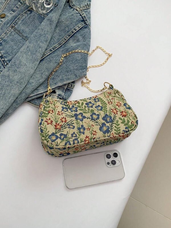 Bolso de hombro de correa de cadena de moda, bolso de muñeca con correa de cadena de metal para mujer para ocasiones casuales y de trabajo, patrón floral - Imagen 7