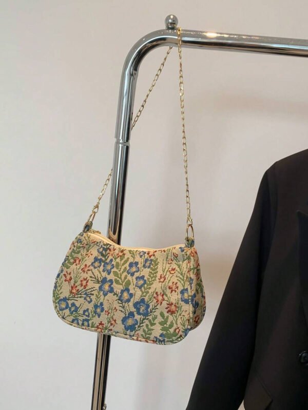 Bolso de hombro de correa de cadena de moda, bolso de muñeca con correa de cadena de metal para mujer para ocasiones casuales y de trabajo, patrón floral - Imagen 9