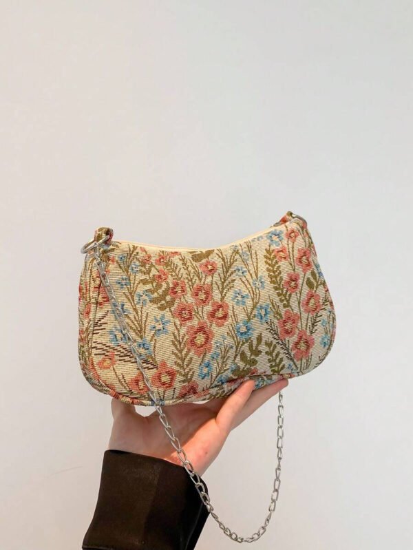 Bolso de hombro de correa de cadena de moda, bolso de muñeca con correa de cadena de metal para mujer para ocasiones casuales y de trabajo, patrón floral - Imagen 10