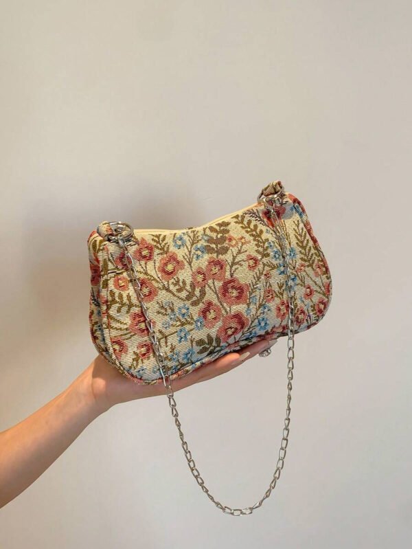 Bolso de hombro de correa de cadena de moda, bolso de muñeca con correa de cadena de metal para mujer para ocasiones casuales y de trabajo, patrón floral - Imagen 12