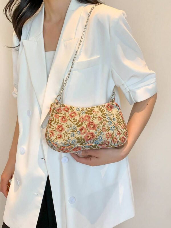 Bolso de hombro de correa de cadena de moda, bolso de muñeca con correa de cadena de metal para mujer para ocasiones casuales y de trabajo, patrón floral - Imagen 13