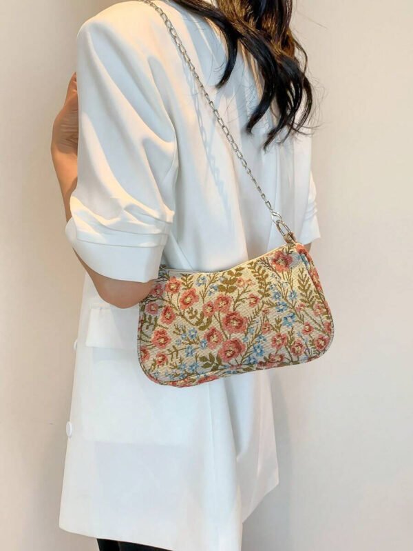 Bolso de hombro de correa de cadena de moda, bolso de muñeca con correa de cadena de metal para mujer para ocasiones casuales y de trabajo, patrón floral - Imagen 14