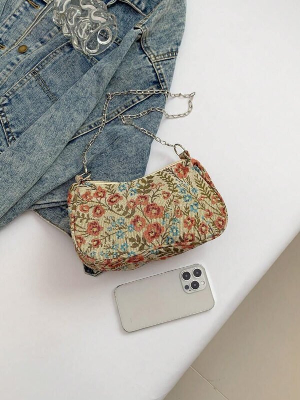 Bolso de hombro de correa de cadena de moda, bolso de muñeca con correa de cadena de metal para mujer para ocasiones casuales y de trabajo, patrón floral - Imagen 16