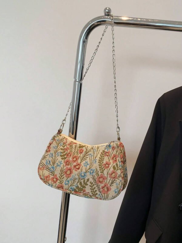 Bolso de hombro de correa de cadena de moda, bolso de muñeca con correa de cadena de metal para mujer para ocasiones casuales y de trabajo, patrón floral - Imagen 17