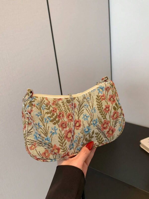 Bolso de hombro de correa de cadena de moda, bolso de muñeca con correa de cadena de metal para mujer para ocasiones casuales y de trabajo, patrón floral - Imagen 18