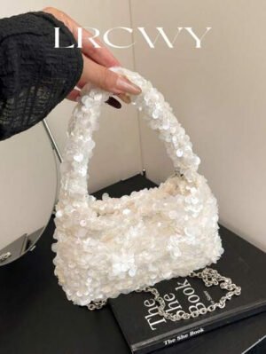 Bolso de muñeca mini versátil con lentejuelas, bolso de hombro con cadena de moda, bolso de hombro con cuentas, clutch de noche, bolso de hombro con cadena, bolso de mano elegante en color blanco