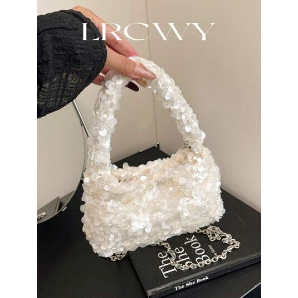 Bolso de muñeca mini versátil con lentejuelas, bolso de hombro con cadena de moda, bolso de hombro con cuentas, clutch de noche, bolso de hombro con cadena, bolso de mano elegante en color blanco