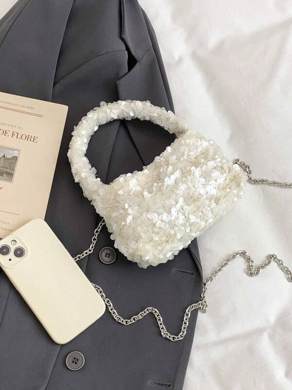 Bolso de muñeca mini versátil con lentejuelas, bolso de hombro con cadena de moda, bolso de hombro con cuentas, clutch de noche, bolso de hombro con cadena, bolso de mano elegante en color blanco - Imagen 4