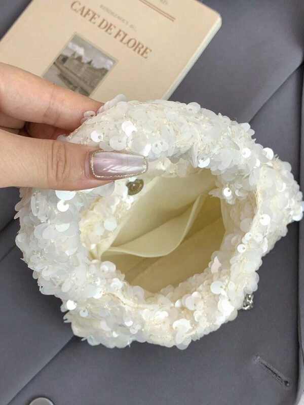 Bolso de muñeca mini versátil con lentejuelas, bolso de hombro con cadena de moda, bolso de hombro con cuentas, clutch de noche, bolso de hombro con cadena, bolso de mano elegante en color blanco - Imagen 5