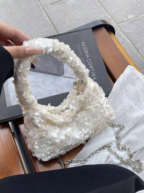 Bolso de muñeca mini versátil con lentejuelas, bolso de hombro con cadena de moda, bolso de hombro con cuentas, clutch de noche, bolso de hombro con cadena, bolso de mano elegante en color blanco - Imagen 7
