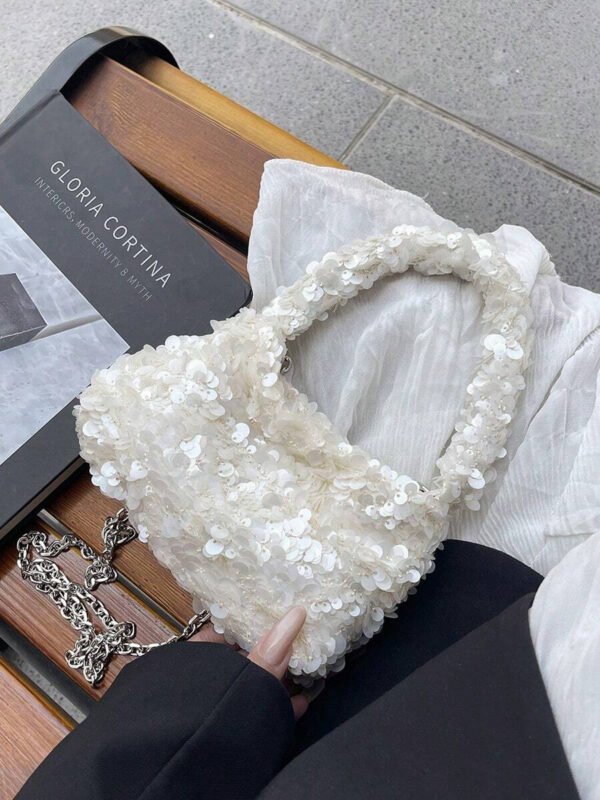 Bolso de muñeca mini versátil con lentejuelas, bolso de hombro con cadena de moda, bolso de hombro con cuentas, clutch de noche, bolso de hombro con cadena, bolso de mano elegante en color blanco - Imagen 8