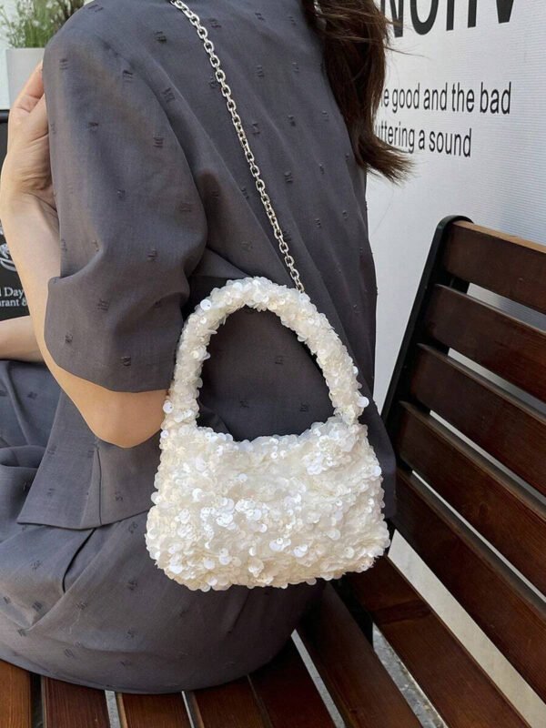 Bolso de muñeca mini versátil con lentejuelas, bolso de hombro con cadena de moda, bolso de hombro con cuentas, clutch de noche, bolso de hombro con cadena, bolso de mano elegante en color blanco - Imagen 9