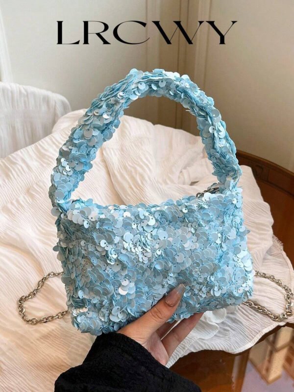 Bolso de muñeca mini versátil con lentejuelas, bolso de hombro con cadena de moda, bolso de hombro con cuentas, clutch de noche, bolso de hombro con cadena, bolso de mano elegante en color blanco - Imagen 10