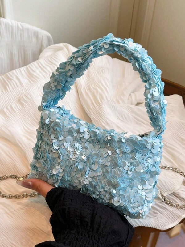 Bolso de muñeca mini versátil con lentejuelas, bolso de hombro con cadena de moda, bolso de hombro con cuentas, clutch de noche, bolso de hombro con cadena, bolso de mano elegante en color blanco - Imagen 12