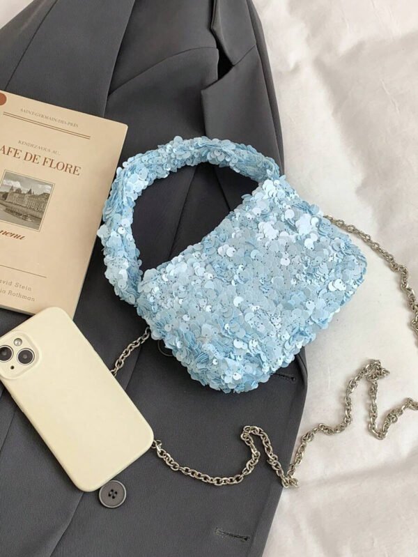 Bolso de muñeca mini versátil con lentejuelas, bolso de hombro con cadena de moda, bolso de hombro con cuentas, clutch de noche, bolso de hombro con cadena, bolso de mano elegante en color blanco - Imagen 13