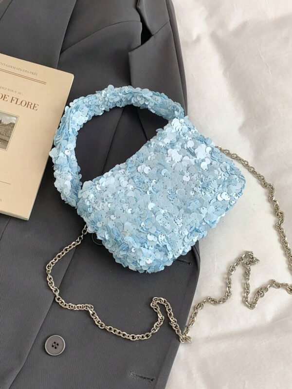Bolso de muñeca mini versátil con lentejuelas, bolso de hombro con cadena de moda, bolso de hombro con cuentas, clutch de noche, bolso de hombro con cadena, bolso de mano elegante en color blanco - Imagen 14