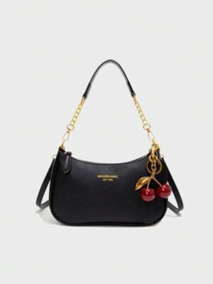 Nuevo bolso de hombro de moda, clásico, con diseño de patrón de letra decorativo, de unicolor, en tela impermeable de PU, ideal para compras, puede llevarse cruzado. Con decoración de colgante de cereza, bolso medialuna de verano, para vacaciones en la playa, temporada escolar, cartera de señora.