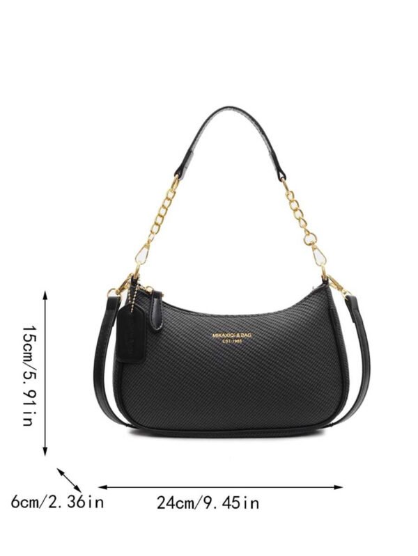 Bolso de hombro clásico, versátil y moderno de tela de PU impermeable con estampado de letra M, con cadena metálica decorativa, estilo baguette francés. Ideal para ir de compras, ir al trabajo y viajar. - Imagen 11