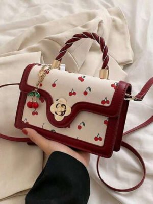 Bolso tote de PU de alta gama y estilo moderno con forma cuadrada versátil y un bonito estampado de cerezas, perfecto para ir de compras, citas o para llevar cruzado. Elementos de cereza kawaii para San Valentín.