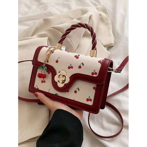 Bolso tote de PU de alta gama y estilo moderno con forma cuadrada versátil y un bonito estampado de cerezas, perfecto para ir de compras, citas o para llevar cruzado. Elementos de cereza kawaii para San Valentín.