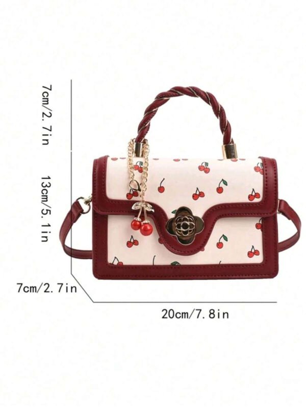 Bolso tote de PU de alta gama y estilo moderno con forma cuadrada versátil y un bonito estampado de cerezas, perfecto para ir de compras, citas o para llevar cruzado. Elementos de cereza kawaii para San Valentín. - Imagen 8